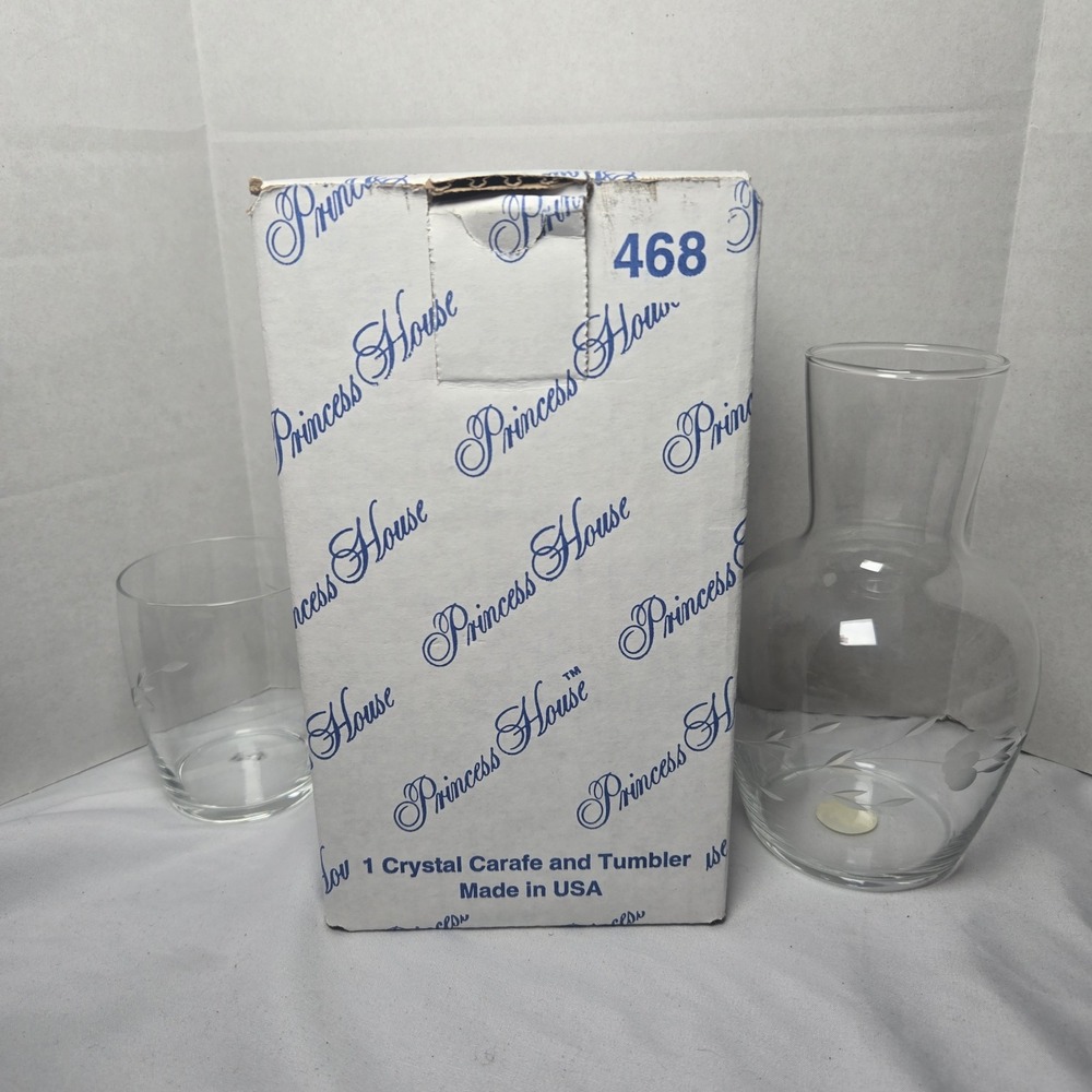 Vtg 90s Princess House 468 Handblown Crystal Bedside Water Carafe and Tumbler